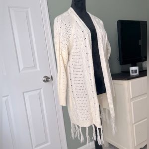 Womens Boho Knit Cardigans Hollow Out Crochet Tassel Long Sleeve Kimono Sweater